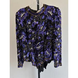 Oleg Cassini Black Tie Women's Black Sequin Beaded Formal Top Size S #62405